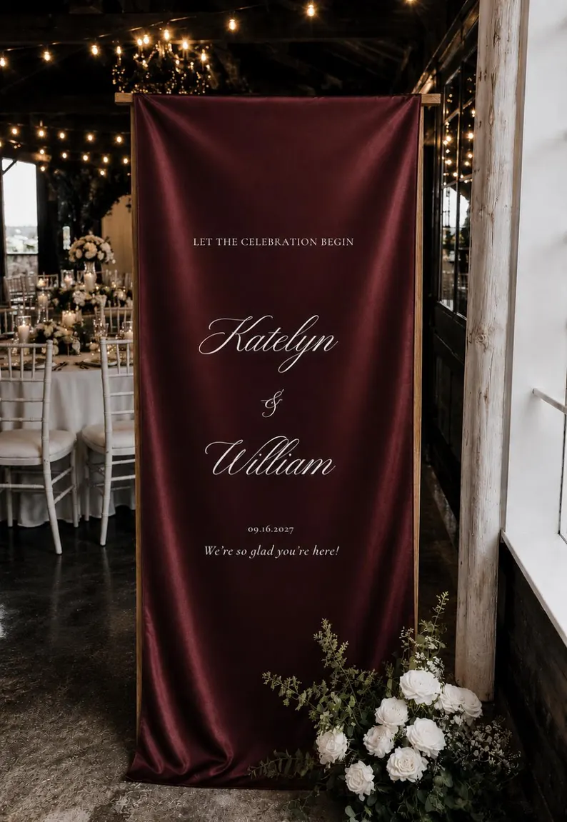 burgundy fall fabric wedding welcome sign as stunning decor for the entrance