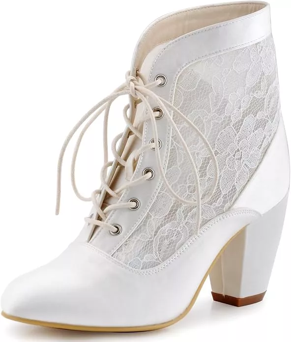 lace bridal booties with lace up shoelaces and block heel