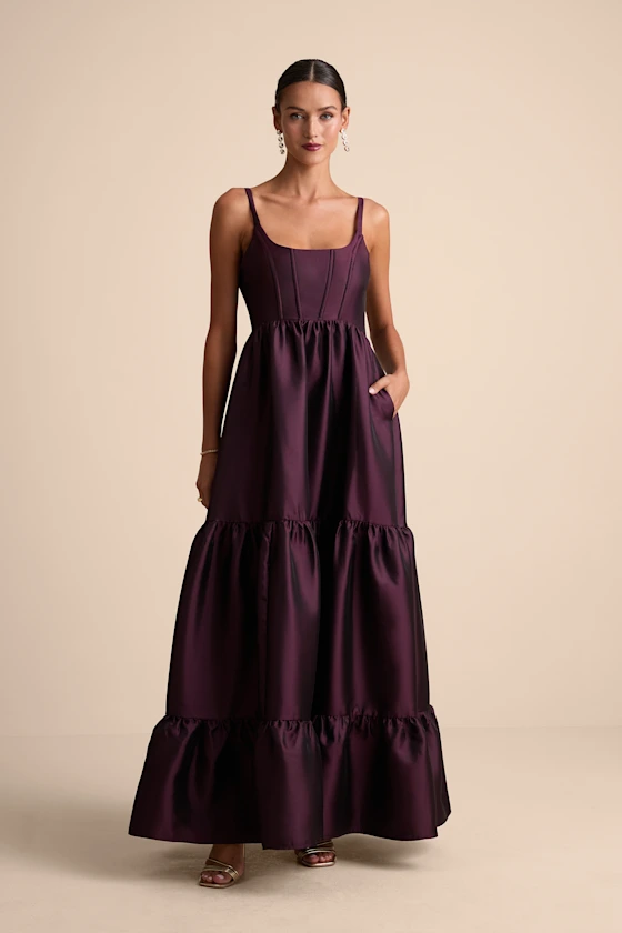 plum satin bridesmaid dress without leg slit