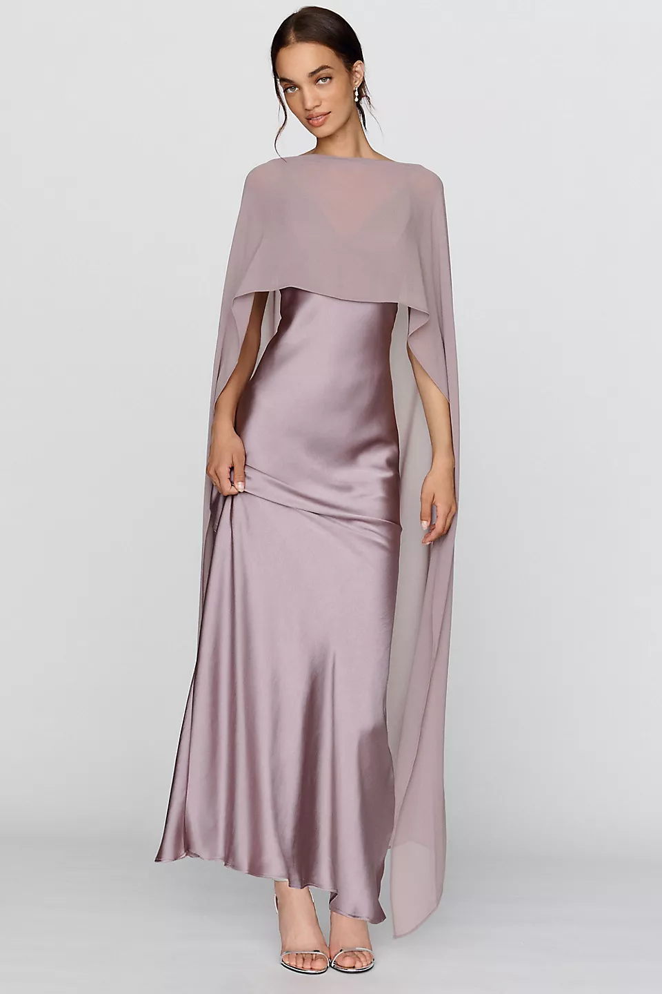 modest bridesmaid dress with a cape
