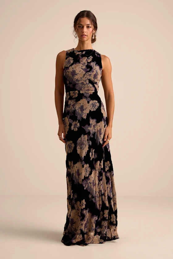 floral maxi bridesmaid dress with high neckline and covered back