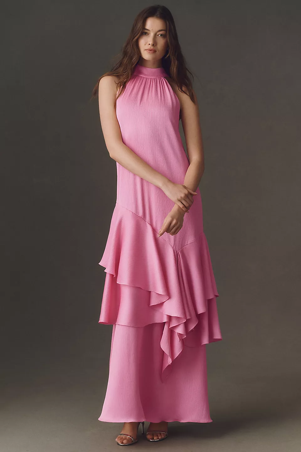 pink bridesmaid dress with covered halter and back