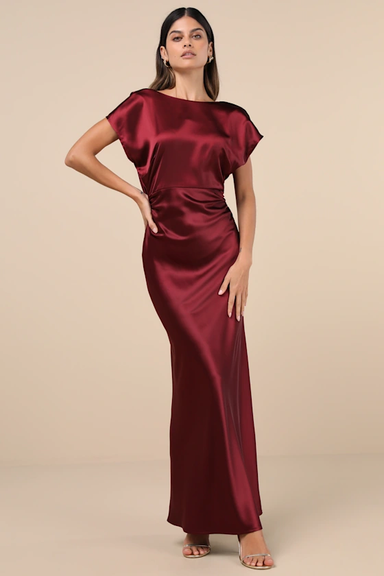 satin modest bridesmaid dress with high neckline and cowl back