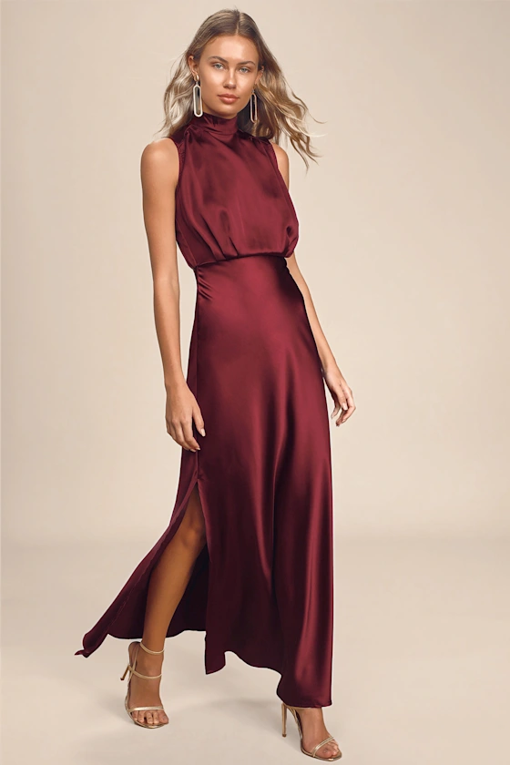 high neck burgundy mock neck satin modest bridesmaid dress