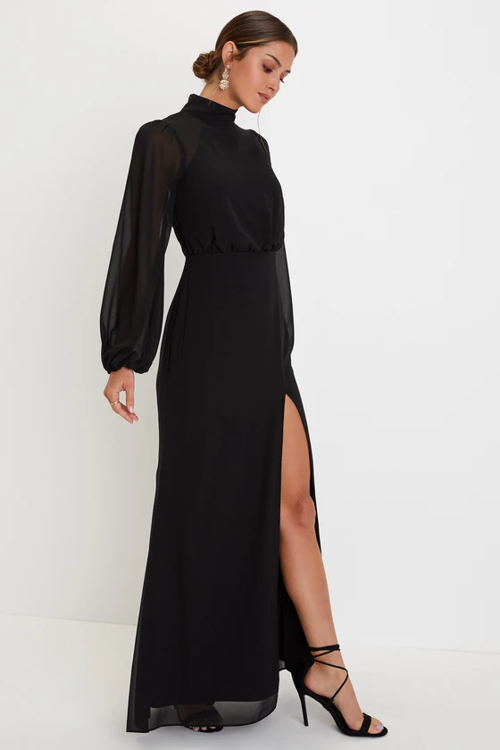 modest bridesmaid dress in black with long sleeves