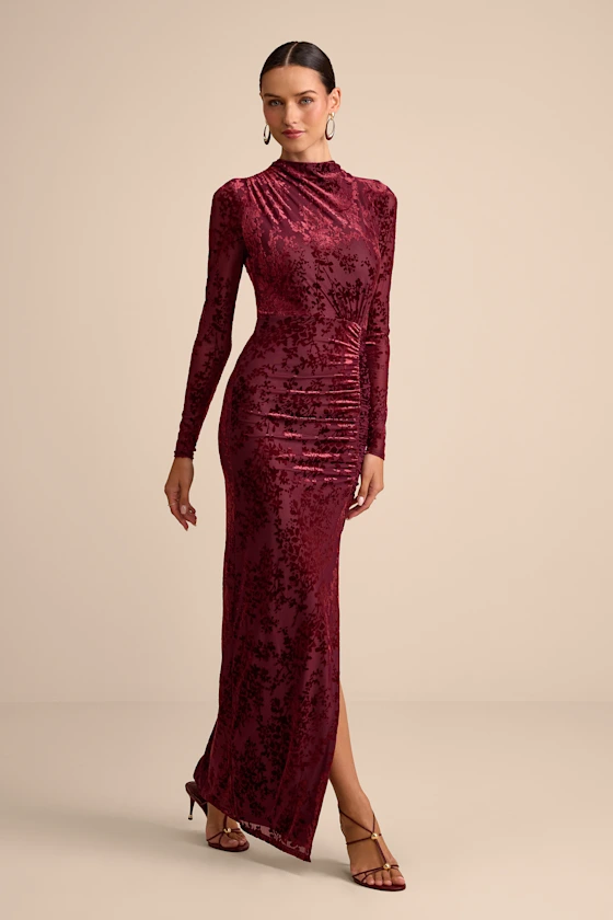 long sleeve floral jacquard maxi dress in burgundy