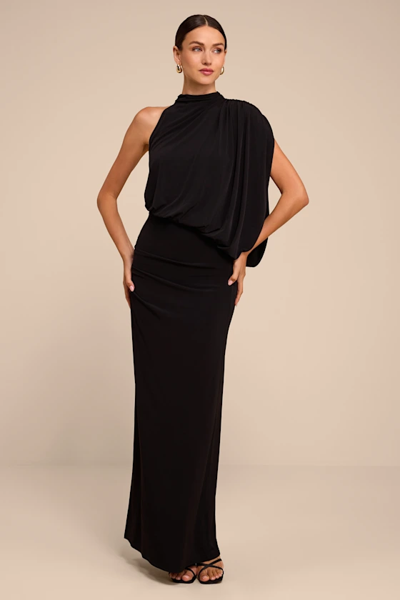 black one-shoulder bridesmaid dress with high neckline and modest coverage
