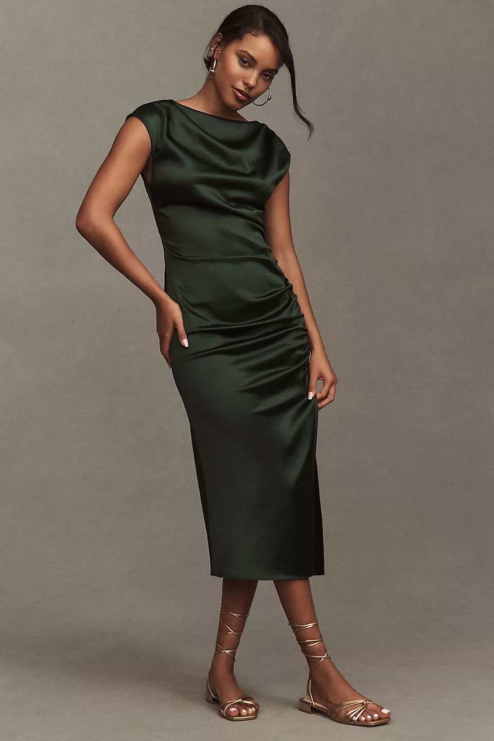 satin bridesmaid dress with midi length and full coverage neckline and back