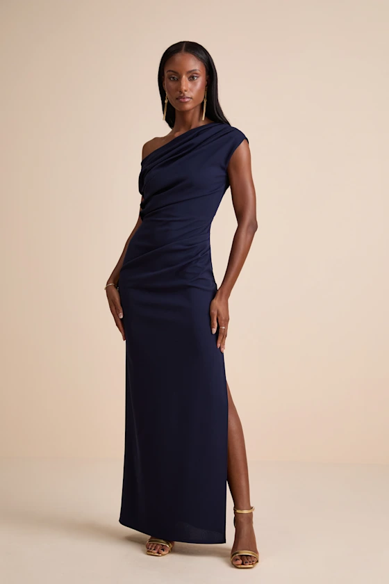 modest one-shoulder bridesmaid dress in navy blue