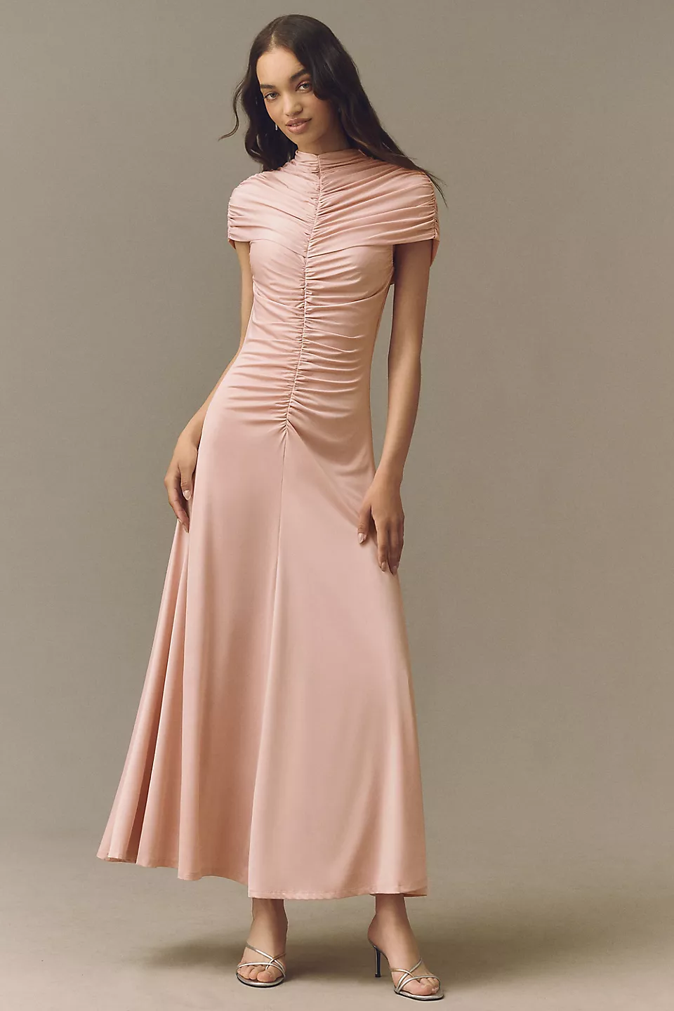 pink ruched top covered bridesmaid dress for modesty