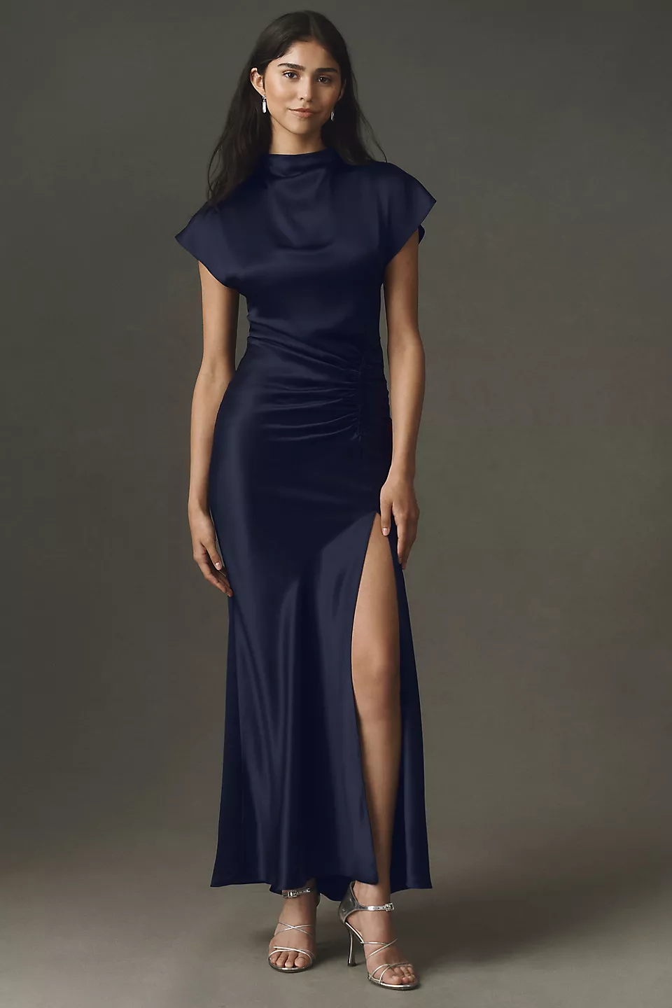 navy blue cap sleeve modest bridesmaid dress in satin