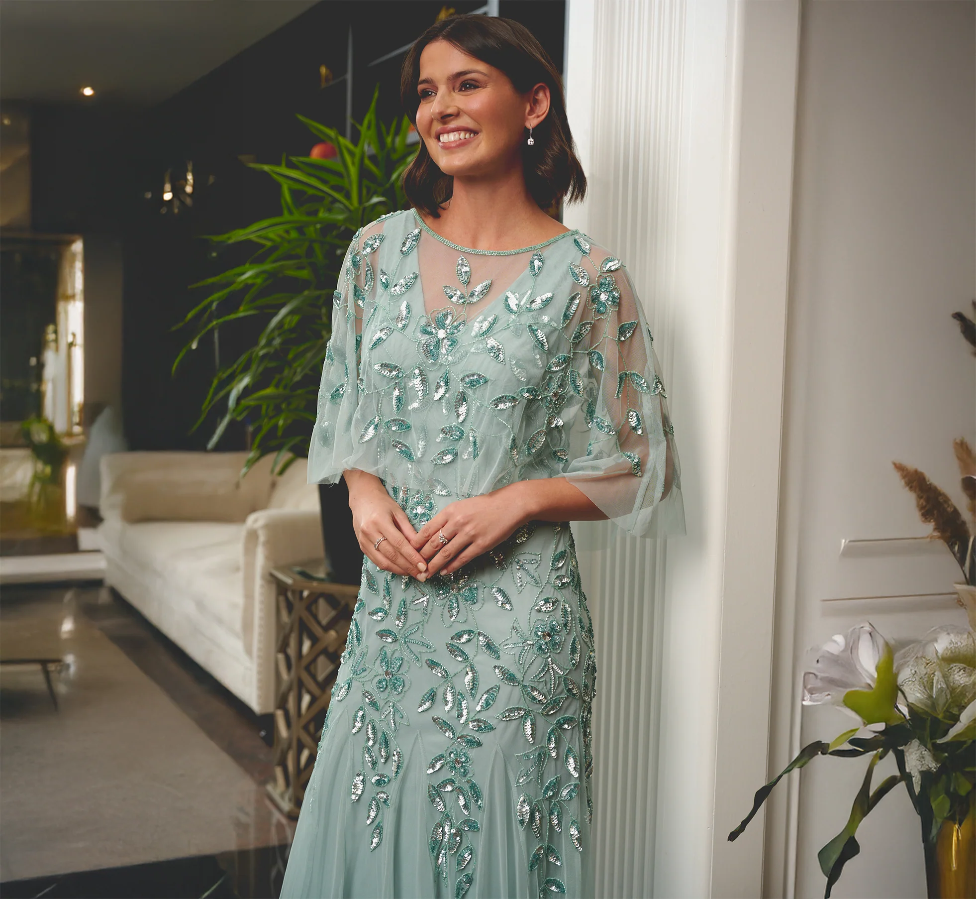 aqua capelet embellished mother of the bride gown