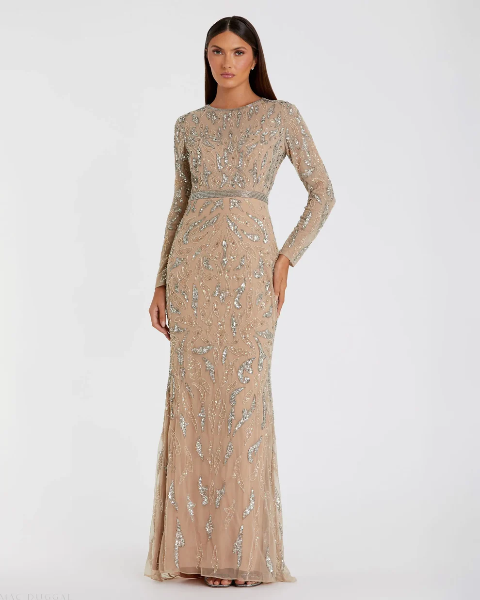 beige long sleeve beaded mother of the bride evening gown