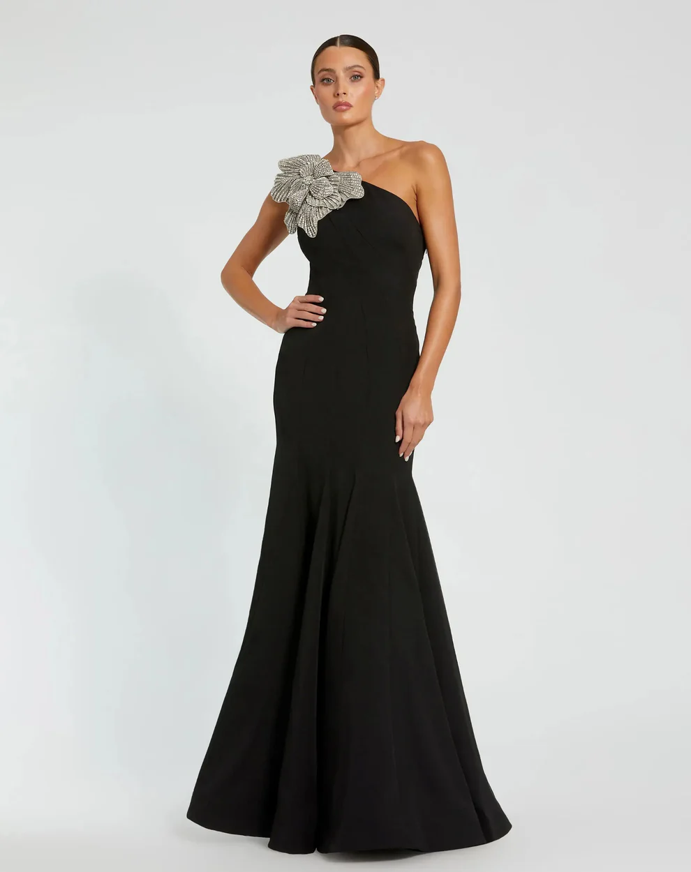 black one-shoulder mother of the bride dress that is stylish