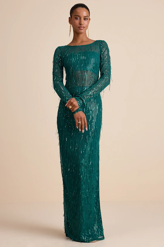 emerald long sleeve fringe sequin mother of bride dress