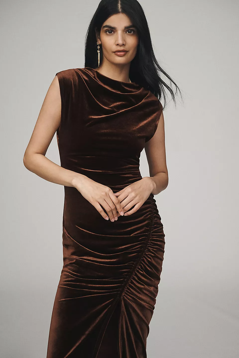 high neck velvet maxi in cocoa brown