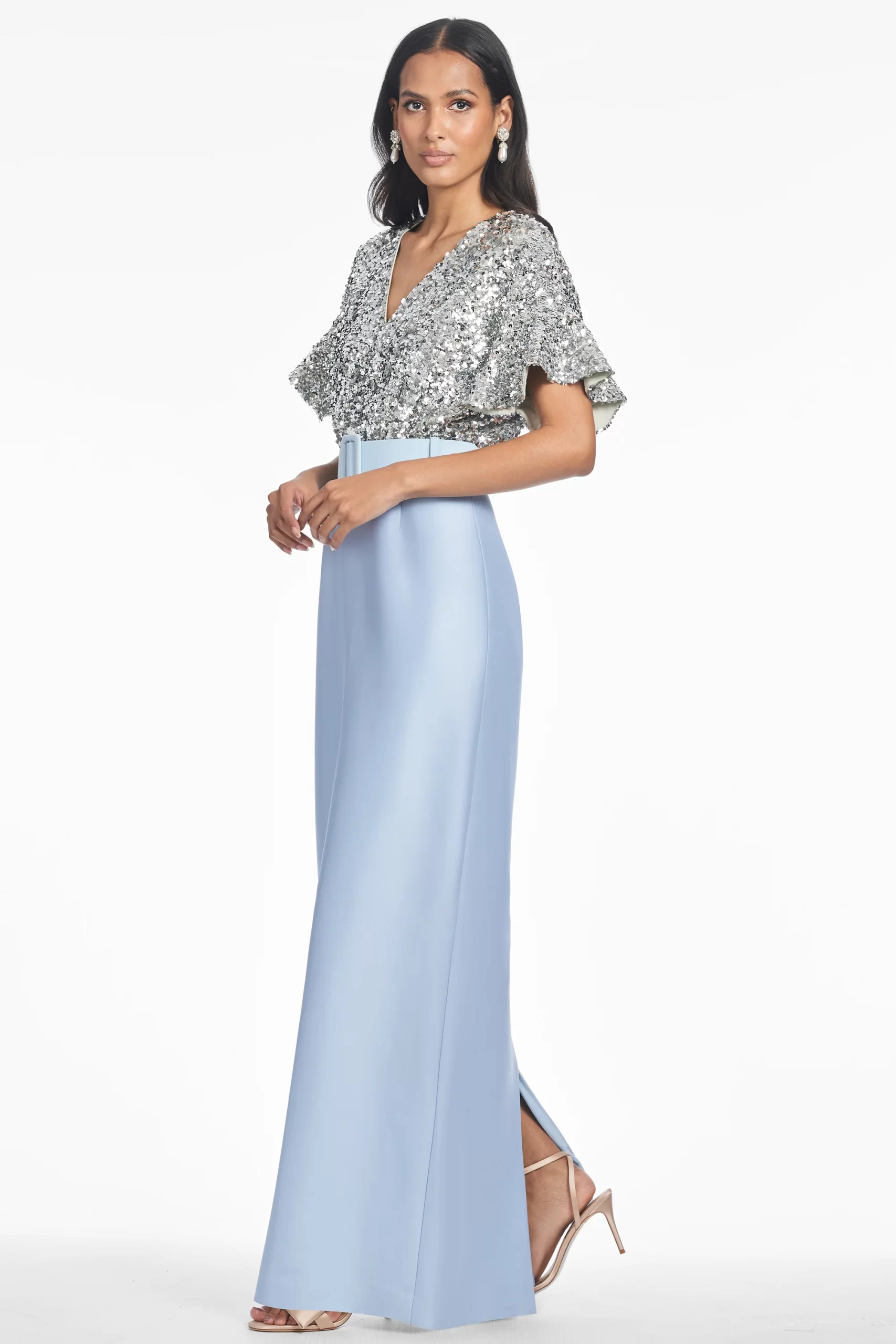 light blue satin gown with sequin topper