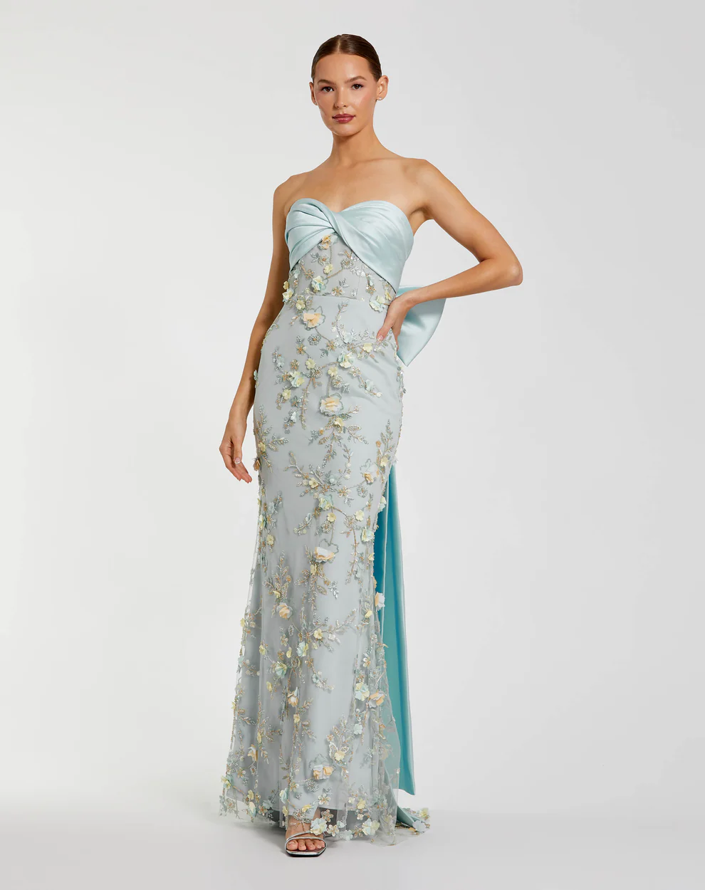 light blue strapless mother of the bride dress