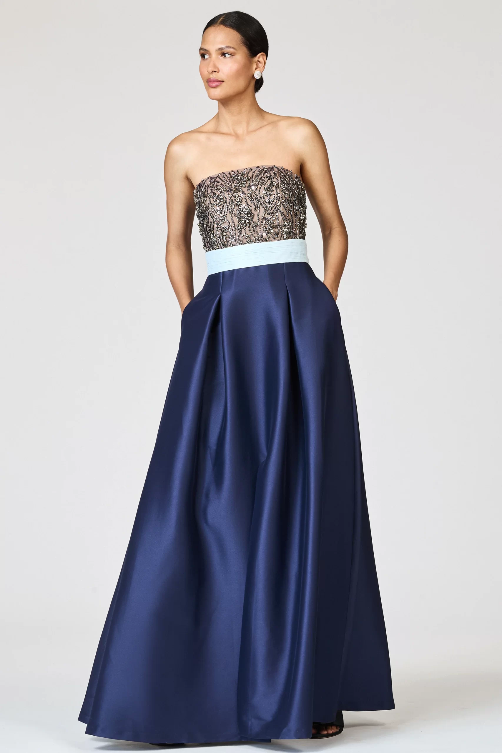 navy satin dress with sparkly top and pockets
