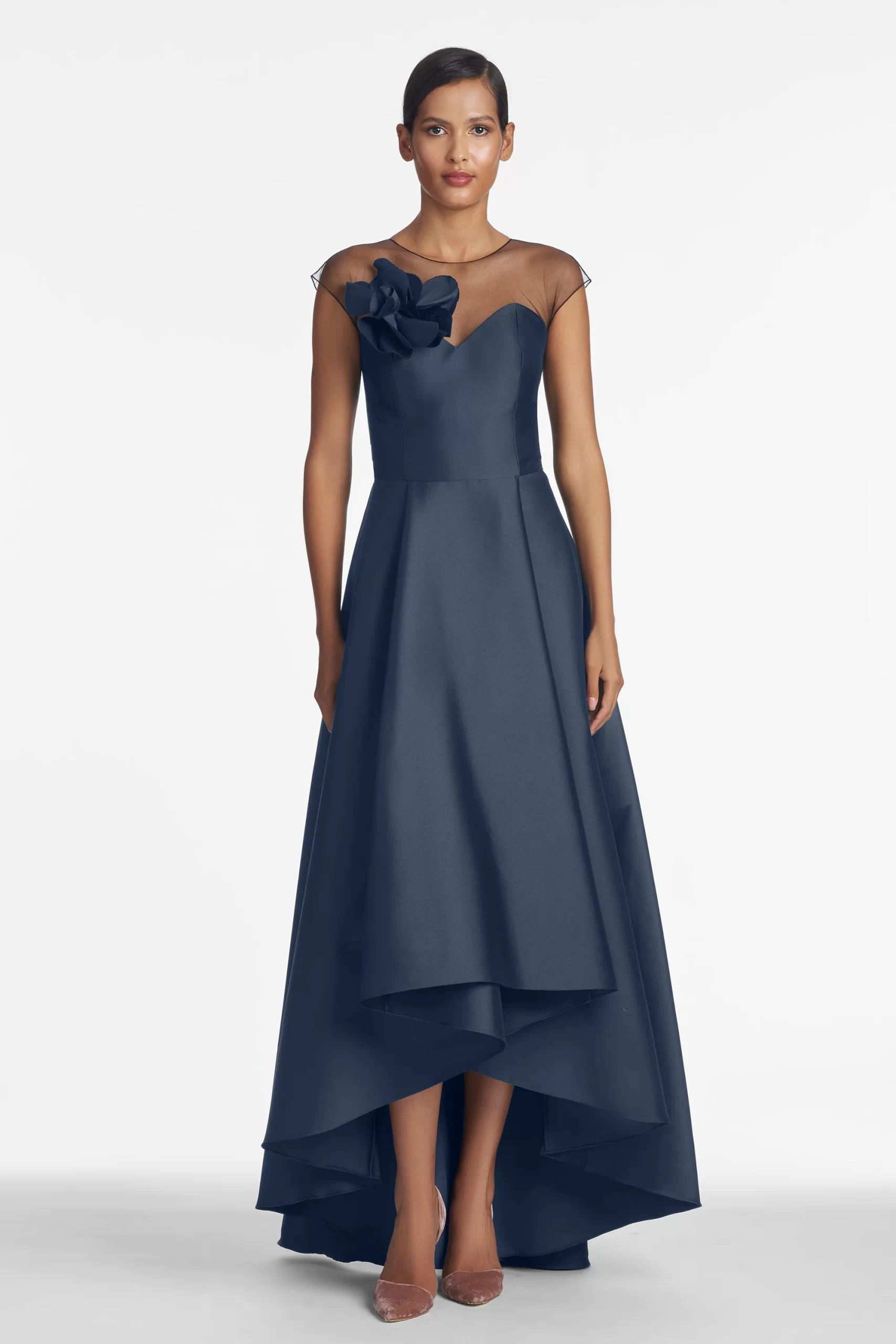 navy satin mother of the bride dress