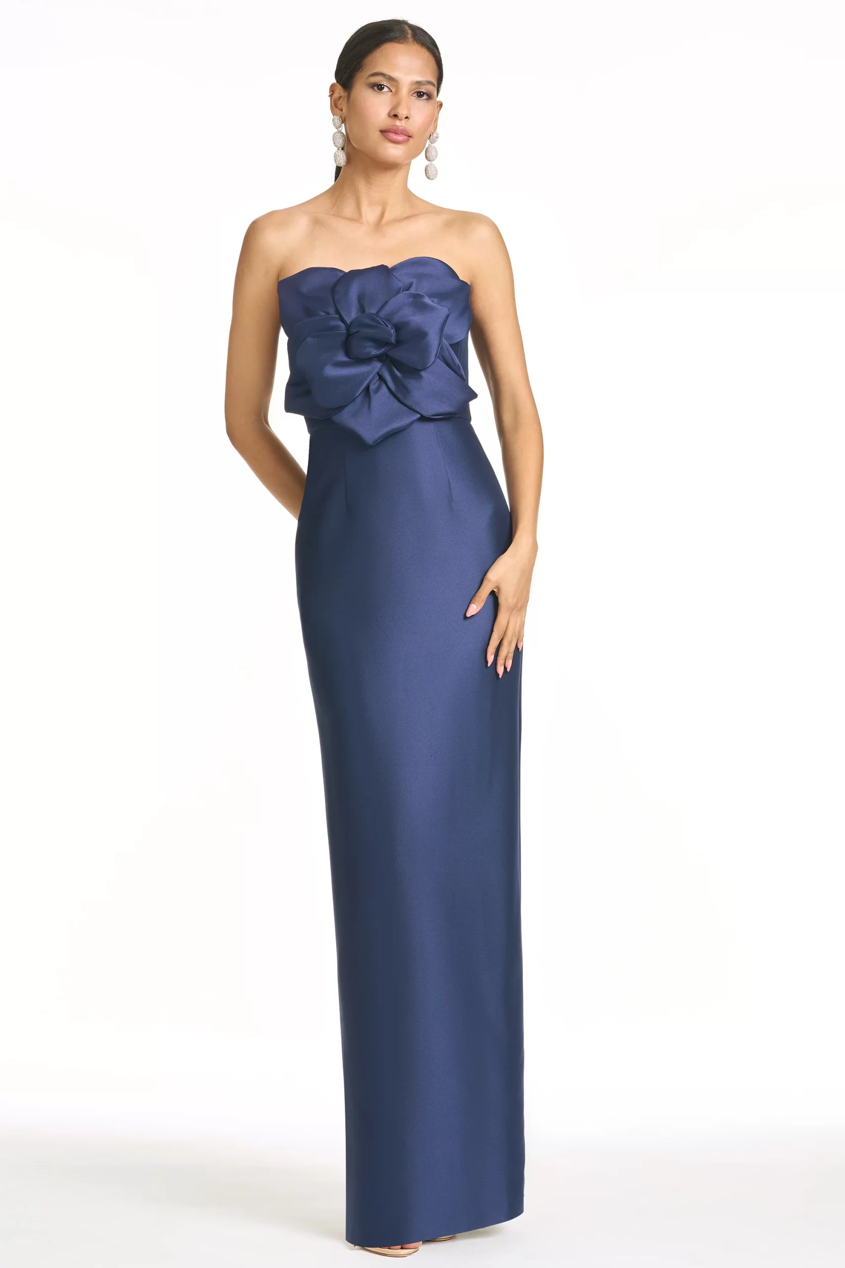 navy blue strapless gown with flower