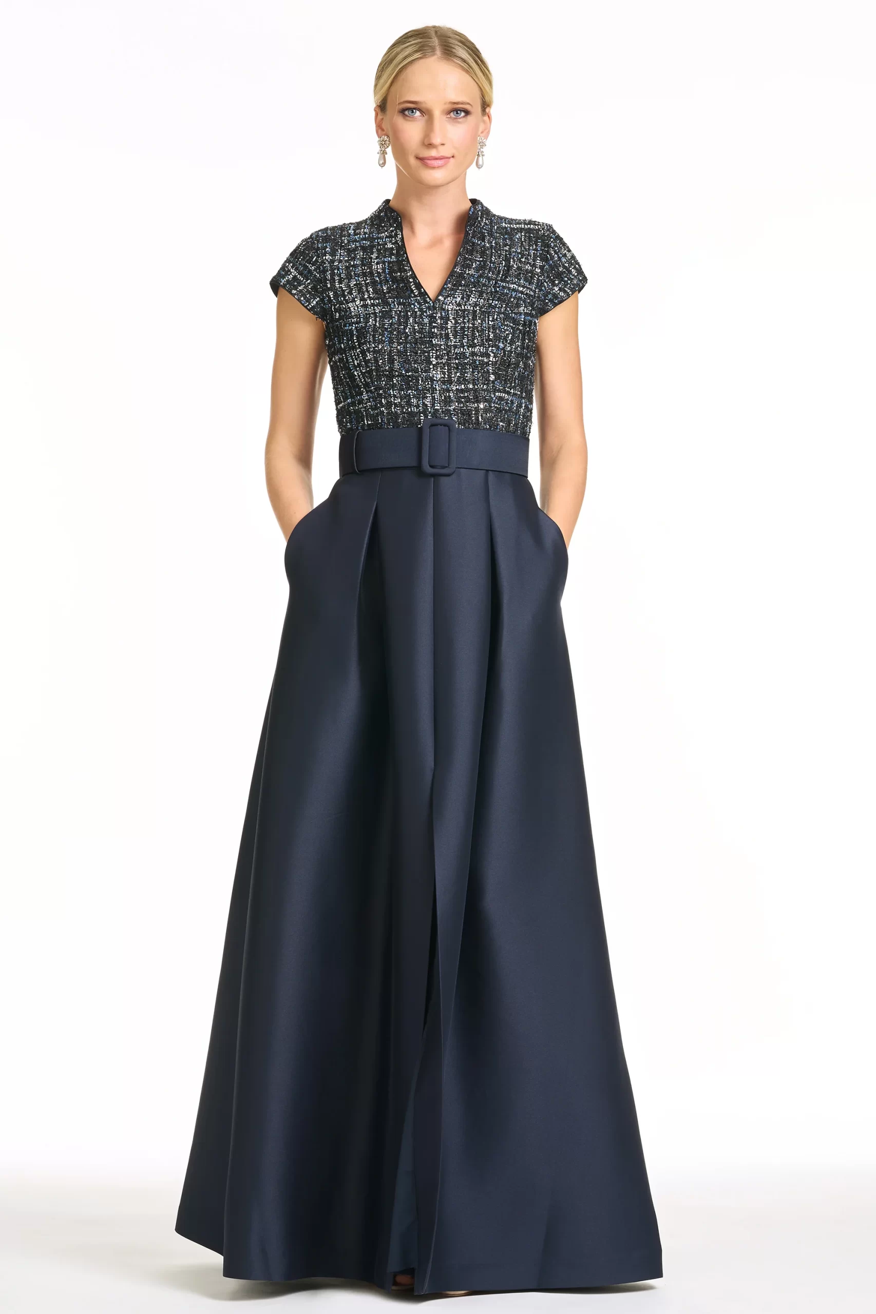 obsidian satin gown with short sleeves