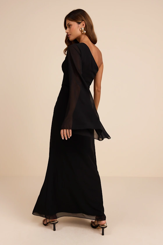 black one-shoulder chiffon dress
