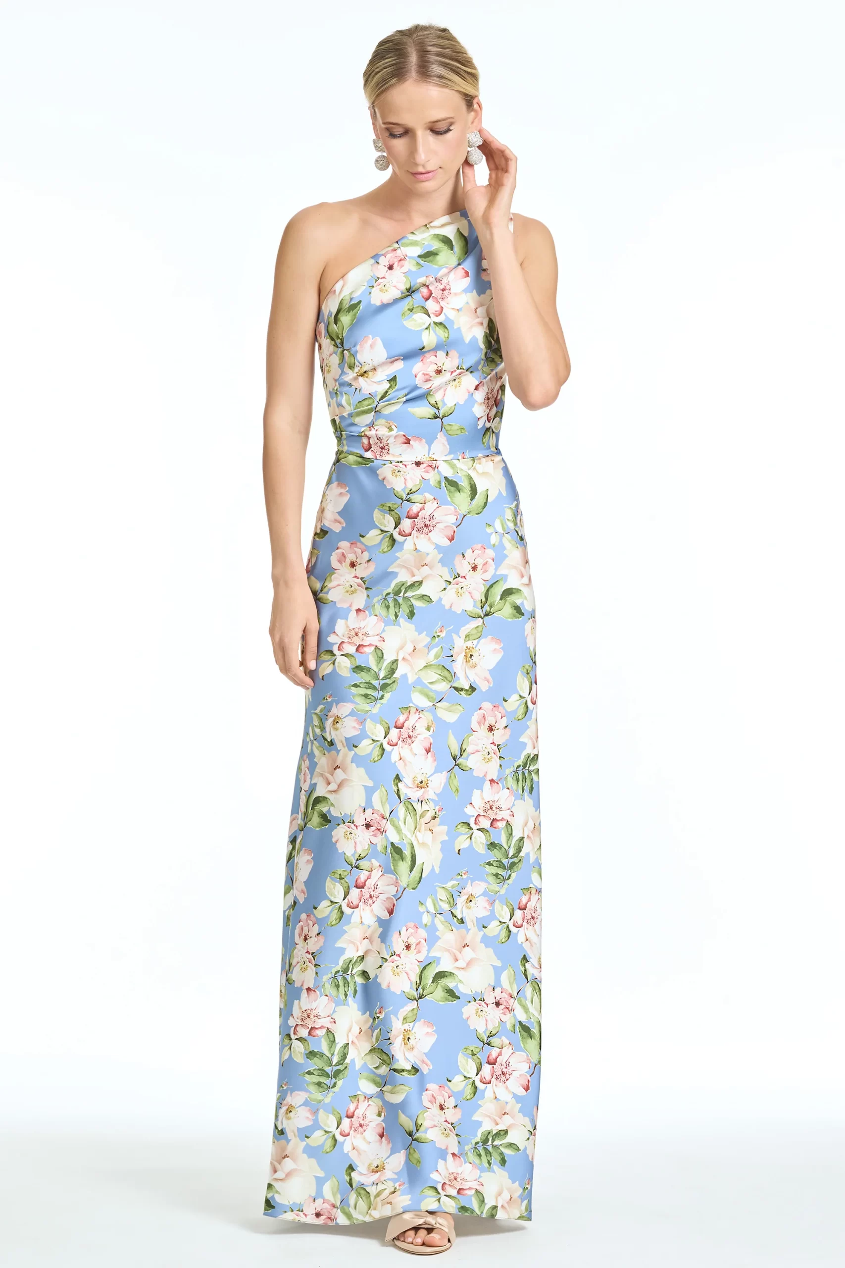 satin one-shoulder maxi with floral print in light blue
