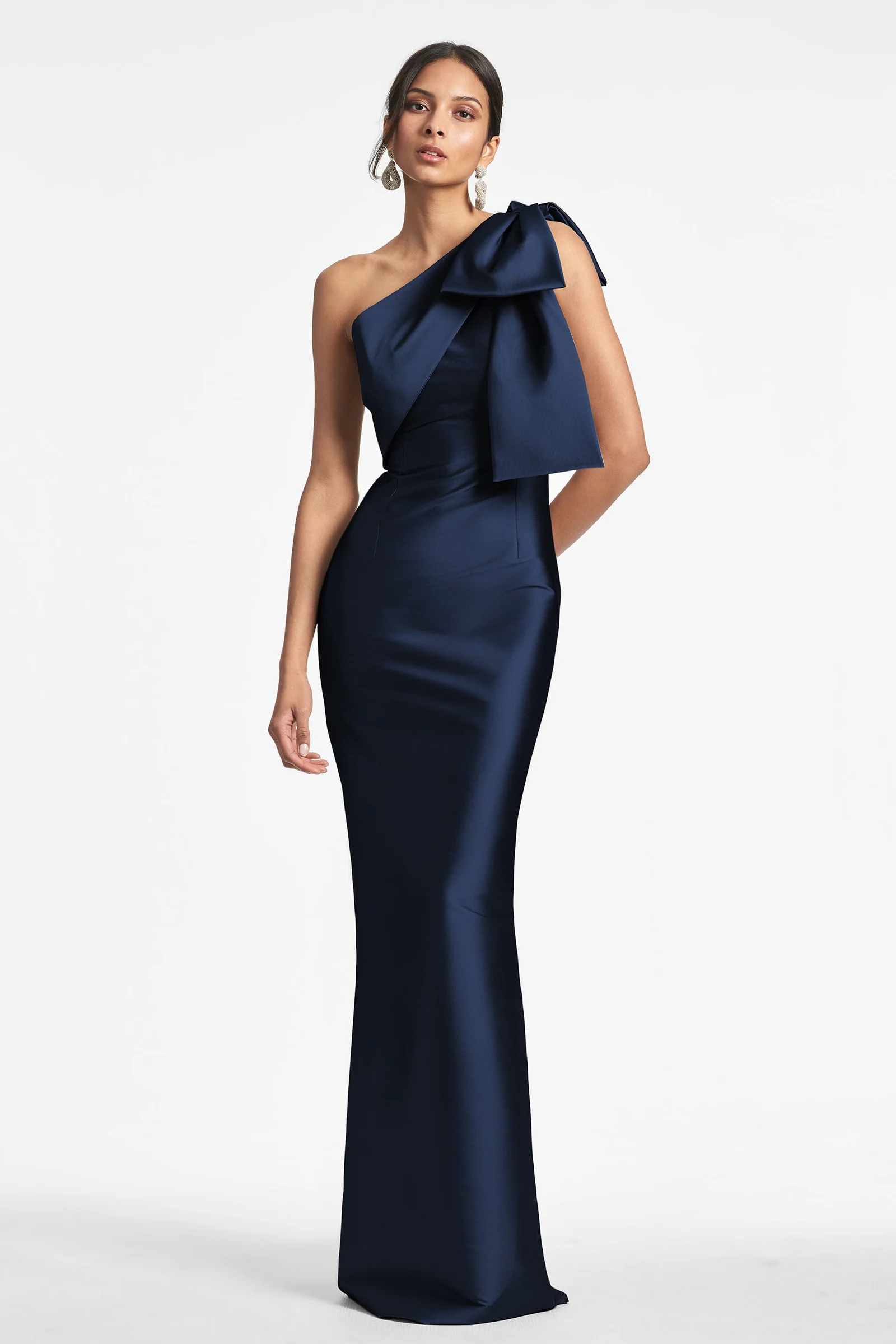 navy blue one shoulder gown