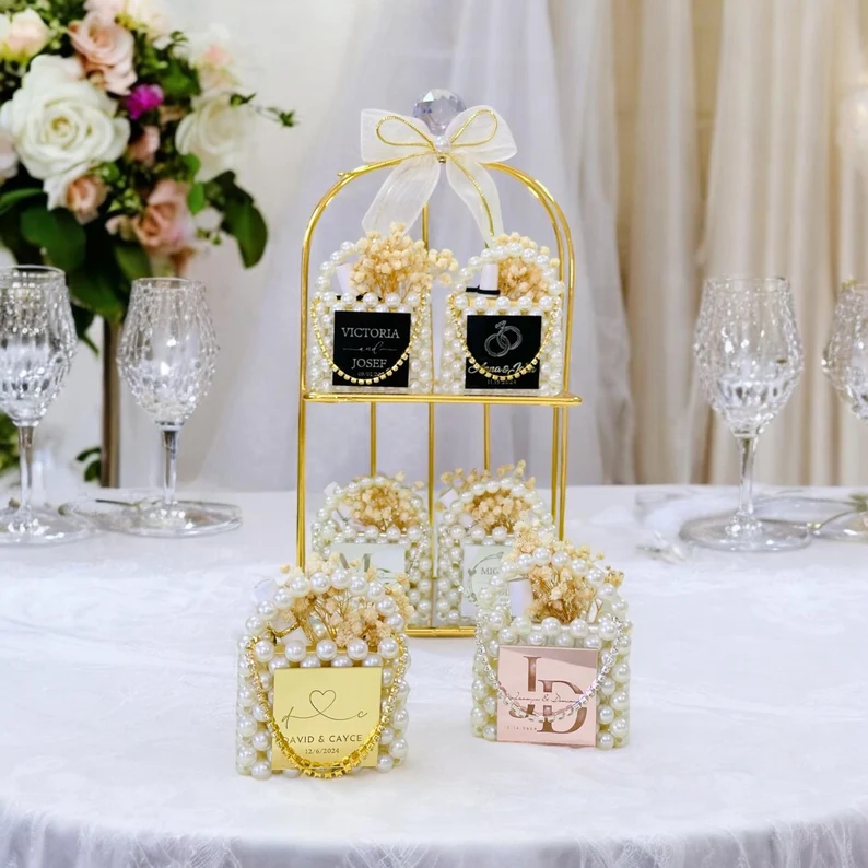 Mini pearl favor bags with chocolates for Pearls and Prosecco bridal shower guests