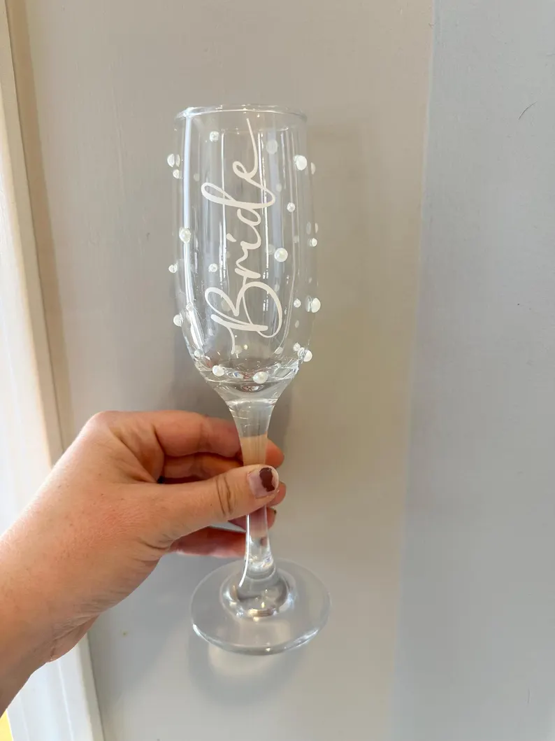 custom bride pearl prosecco flute for bridal shower decor