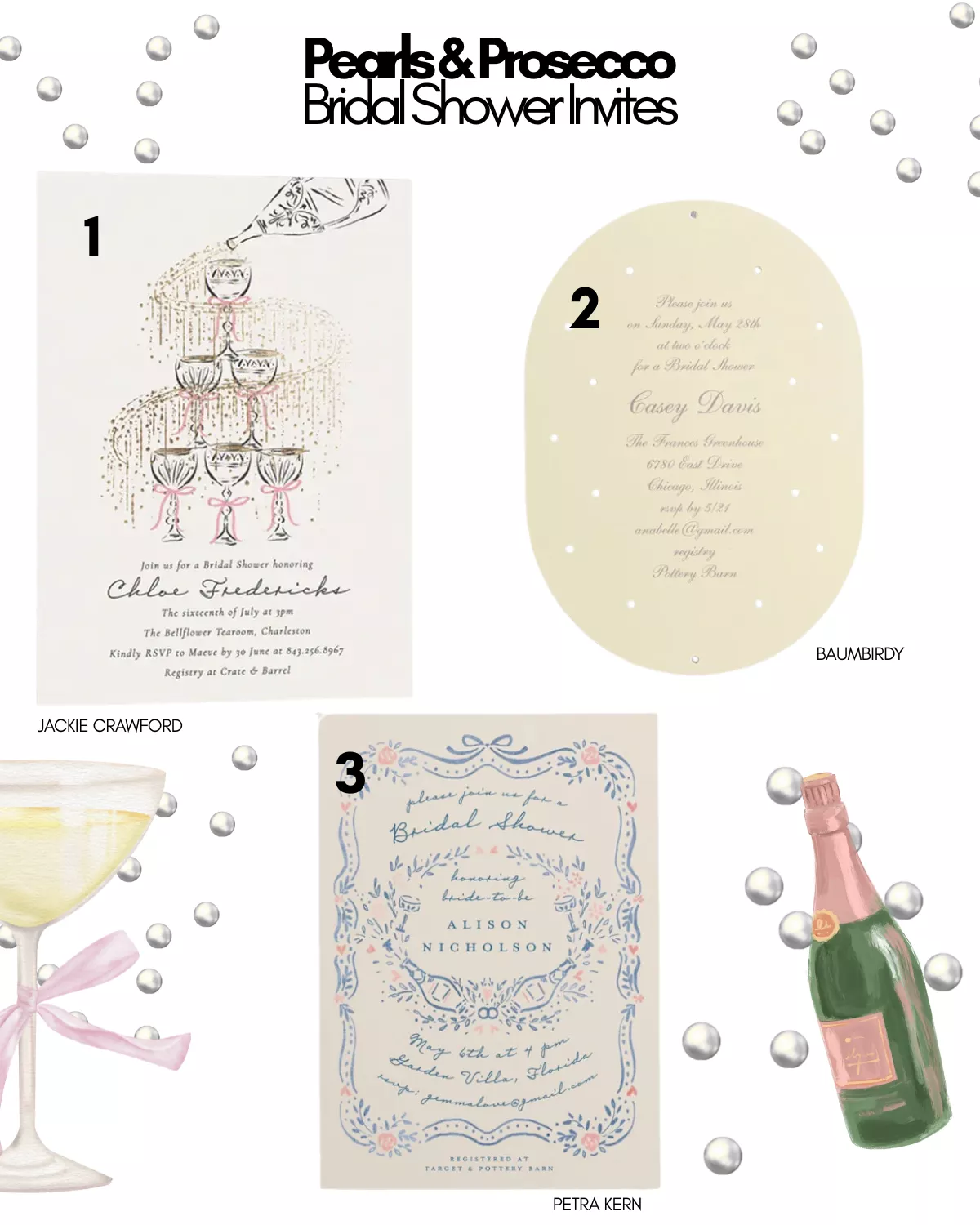 Elegant Pearls and Prosecco bridal shower invitation with pastel colors and pearl accents