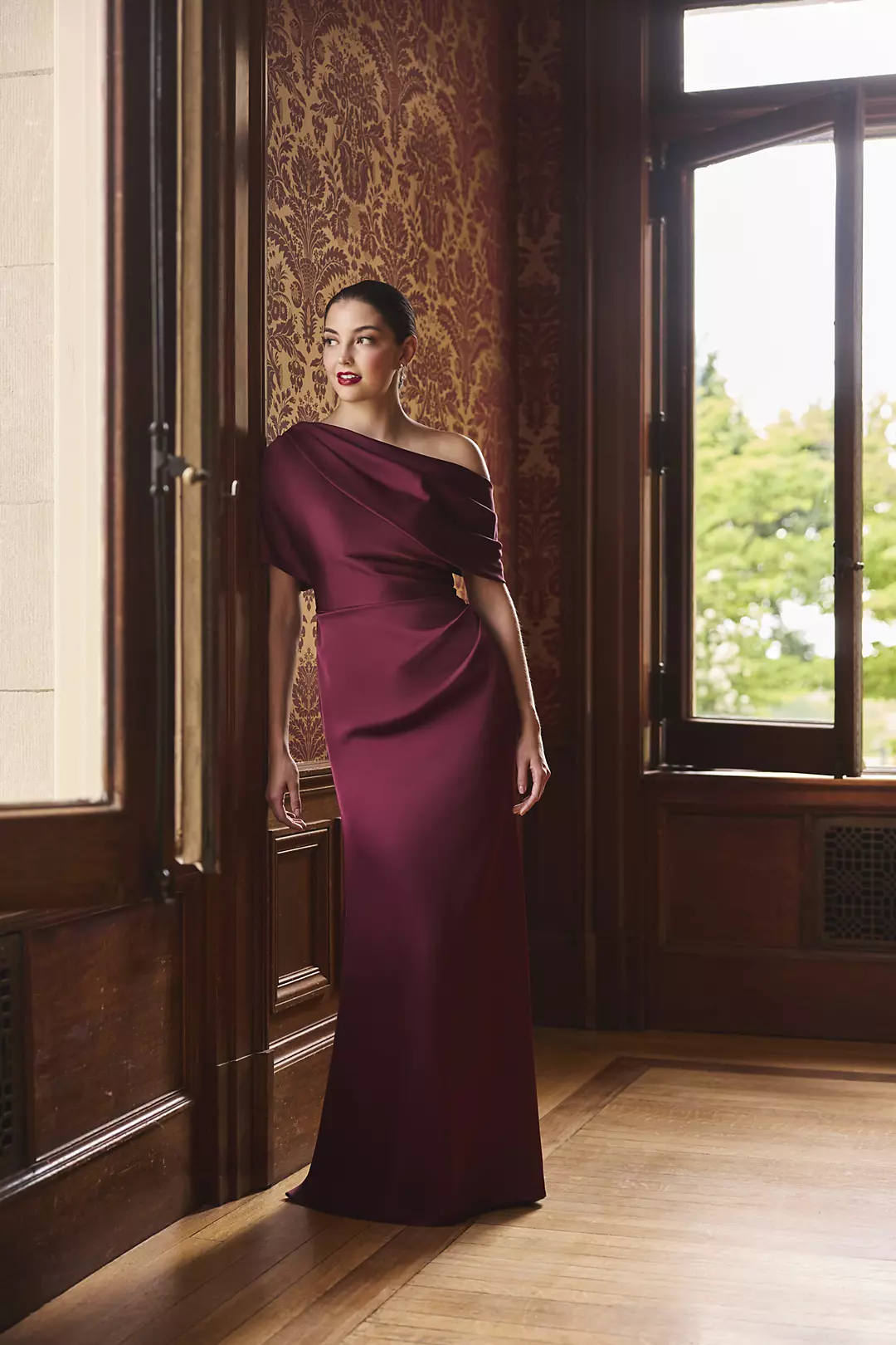 burgundy draped satin mother of the bride gown