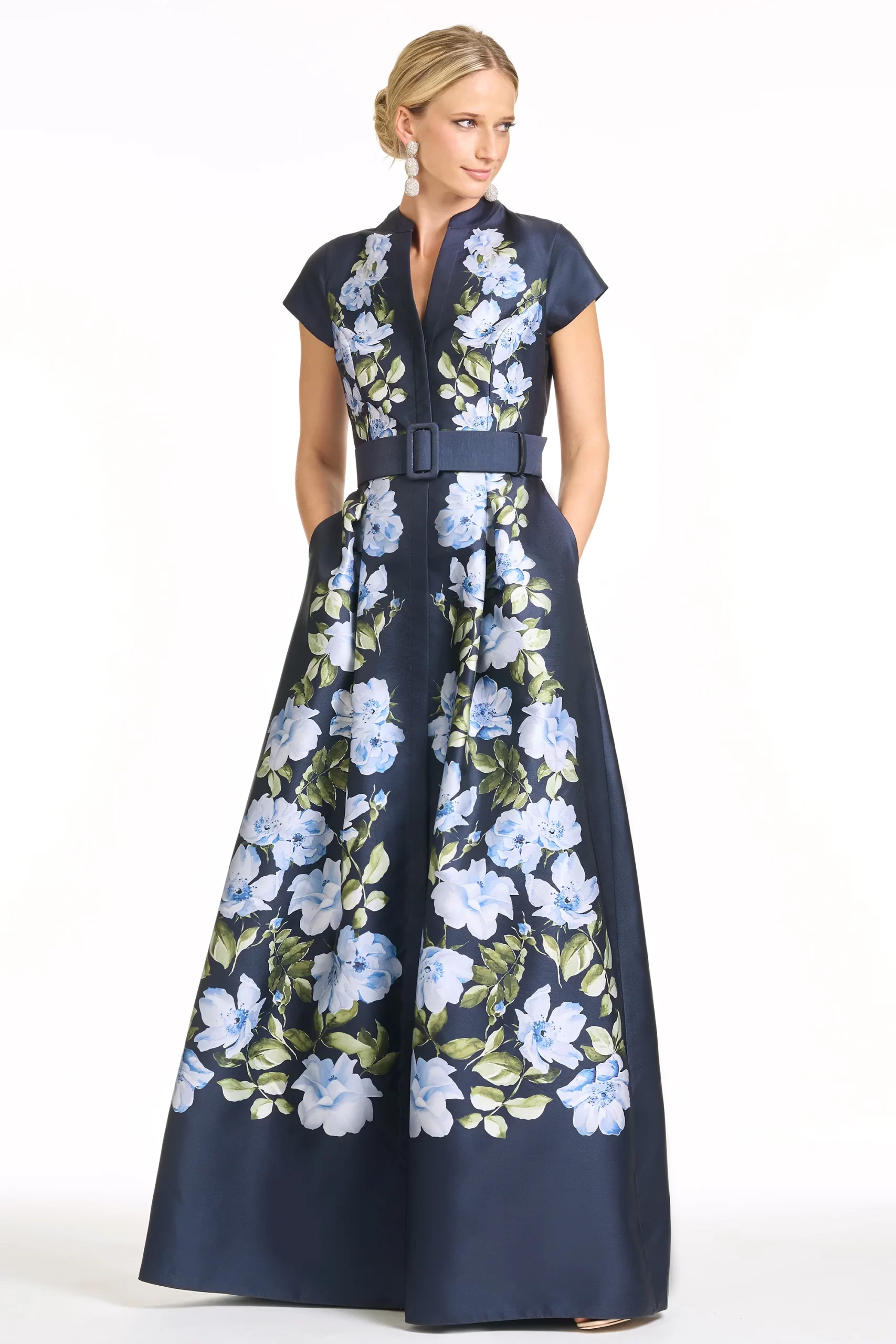 short sleeve satin floral gown