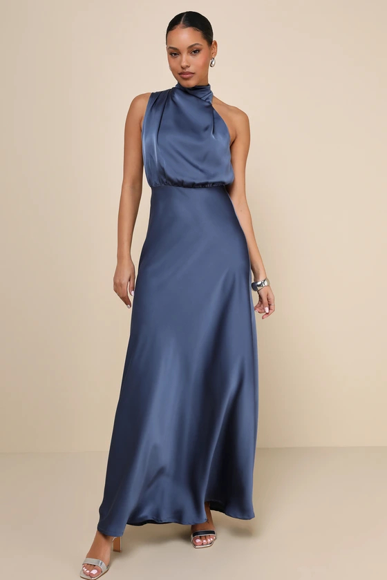 flattering slate blue satin mother of the bride dress in maxi length