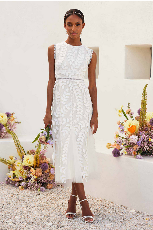 white embroidered empire waist dress