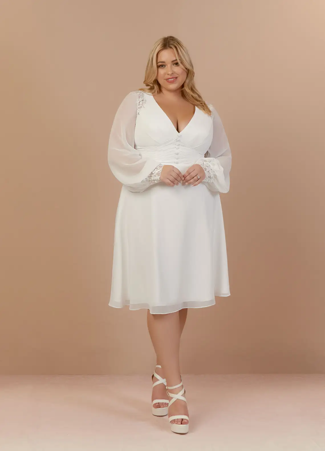 Azazie Amila diamond white A-line lace chiffon knee-length wedding dress, perfect for a bridal shower