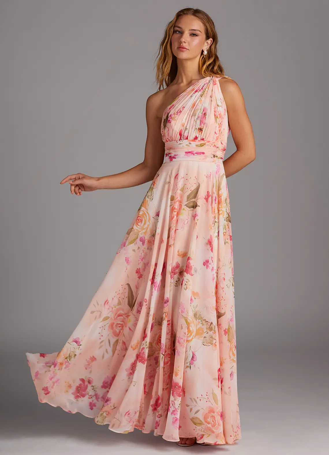 Azazie Charlize Abstract Bouquet Floral A-Line One Shoulder Chiffon Dress in pink, perfect for bridesmaids and weddings.