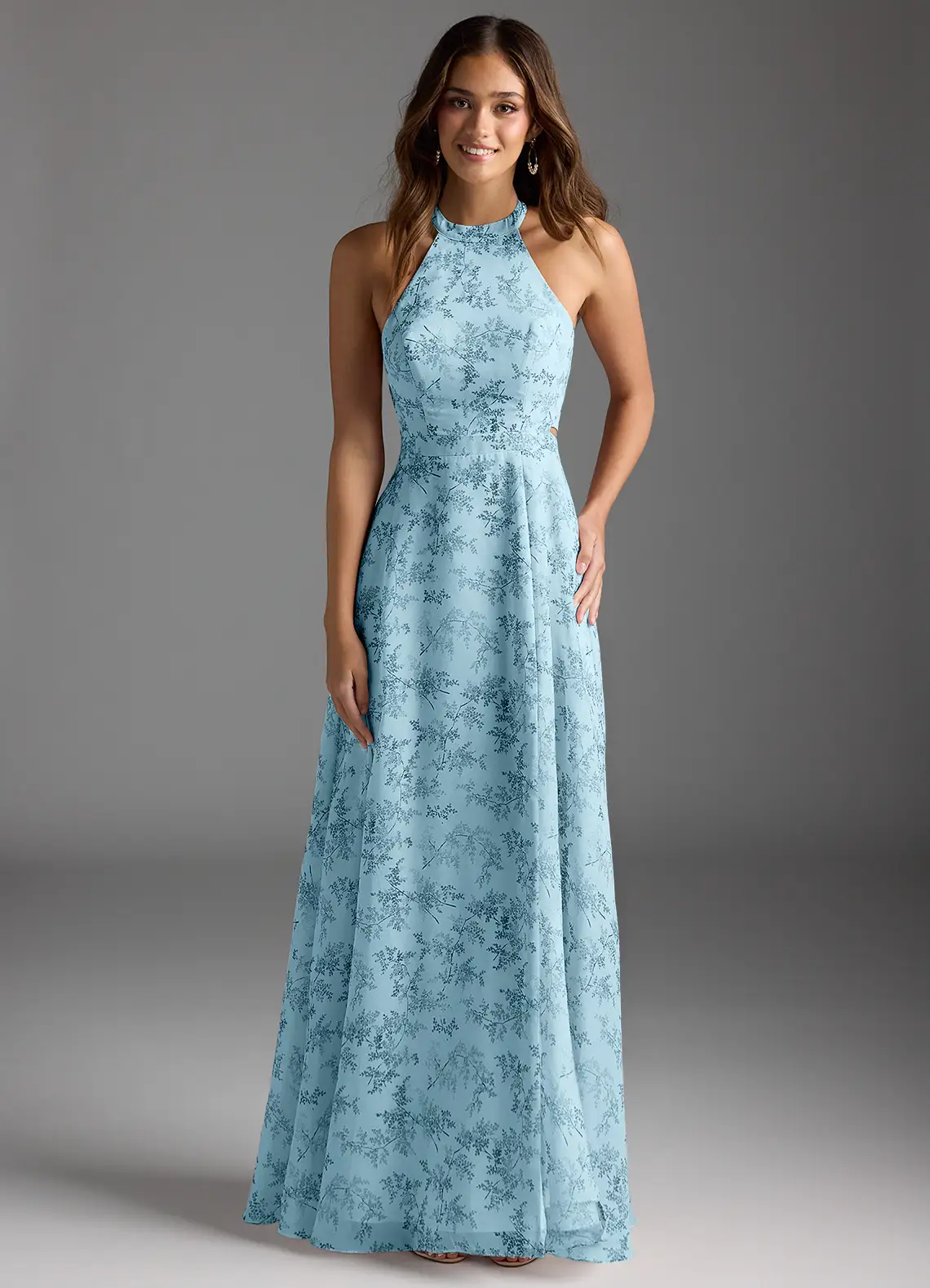 Azazie Clarice Blue Fern Floral A-Line Halter Chiffon Dress for bridesmaids, ideal for summer or destination weddings.