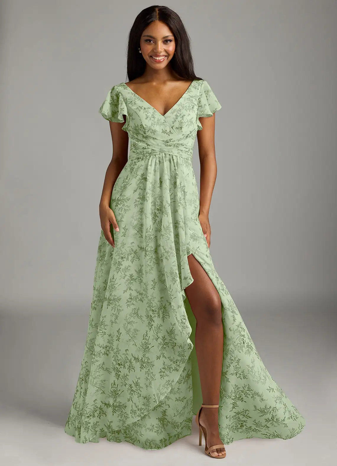 Azazie Omari Green Fern Floral A-Line Chiffon Dress for bridesmaids, perfect for nature-inspired or spring weddings.