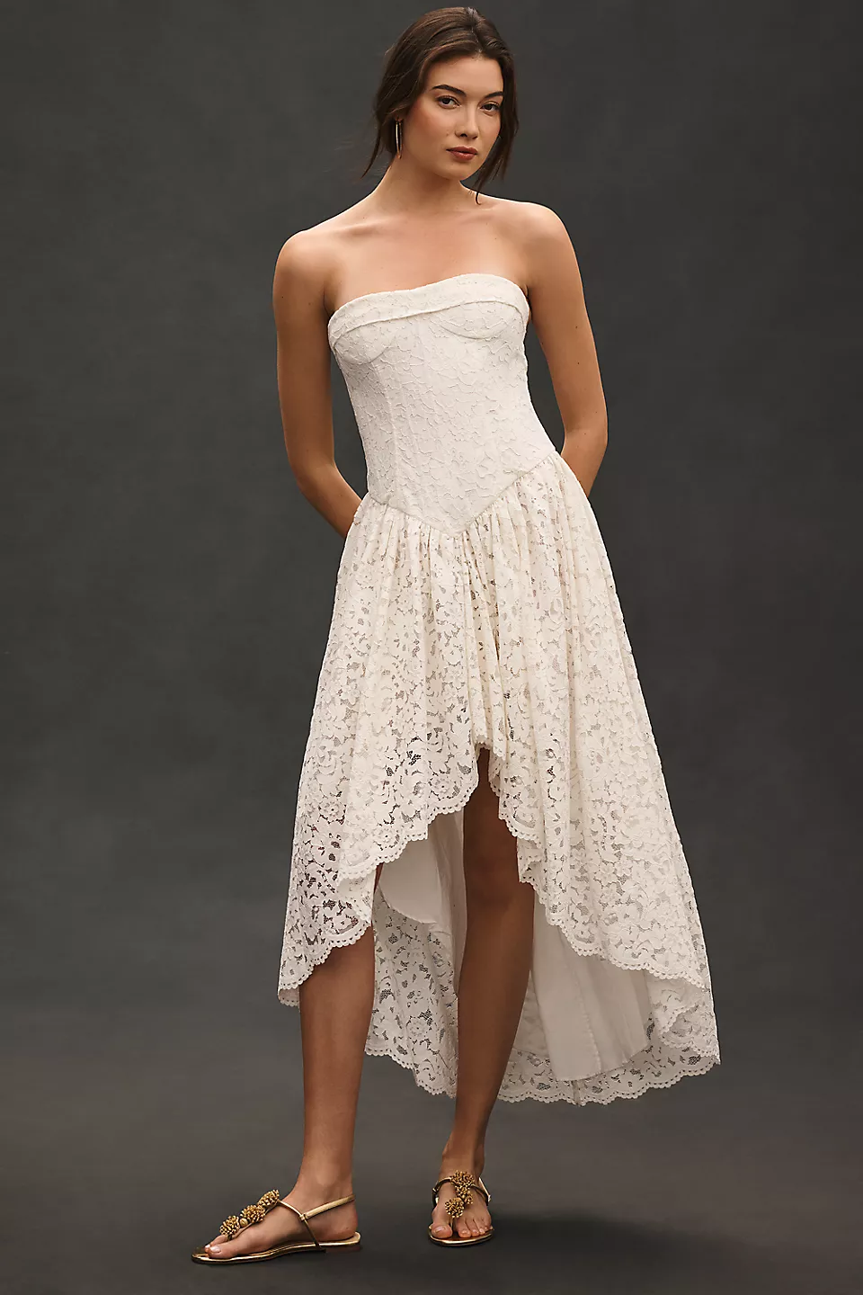 Bardot Felicidad Strapless Lace High-Low Dress in white lace, perfect for bridal showers or rehearsal dinners