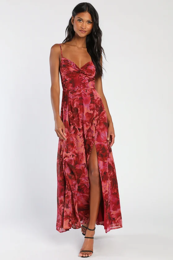 Beautiful Soul Burgundy Floral Print Twist-Front Maxi Dress from Lulus, perfect for spring or summer events, rated 4.2 stars.