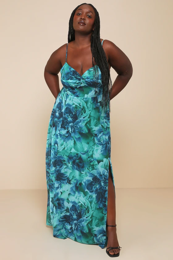 Beautiful Soul Teal Green Floral Print Twist-Front Maxi Dress from Lulus, perfect for summer weddings or casual parties.