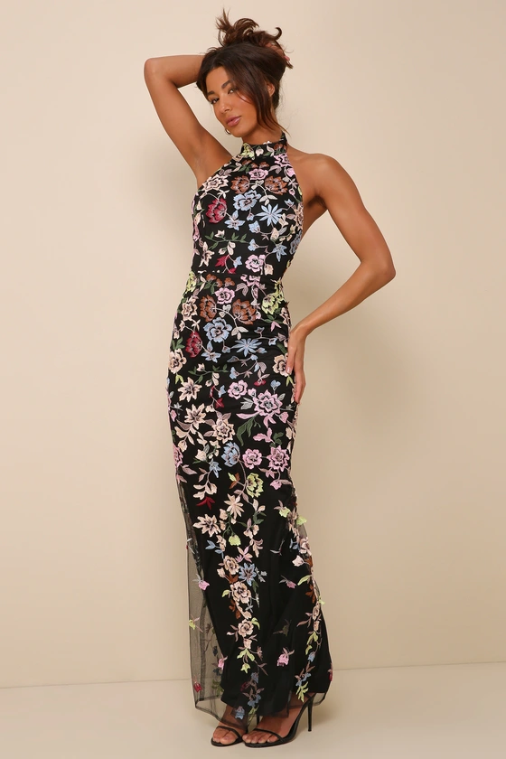 Infinite Praise Black 3D Floral Embroidered Halter Maxi Dress from Lulus – unique formal bridesmaid dress with 3D floral detail