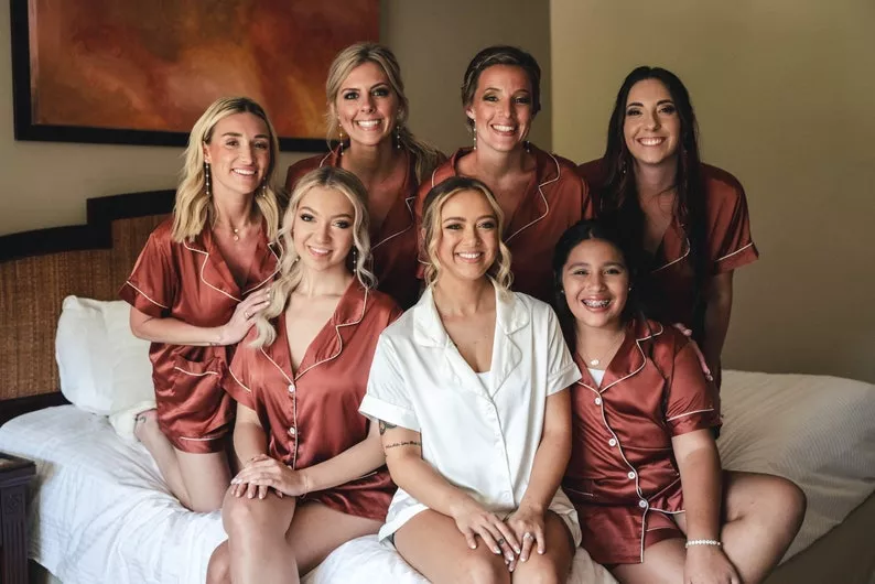 bridesmaids wearing matching pajamas