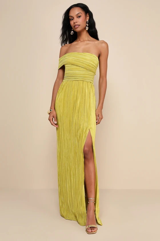 Poised Performance Chartreuse Plisse One-Shoulder Maxi Dress from Lulus – modern pleated bridesmaid dress in bold chartreuse