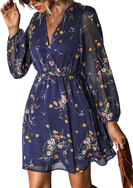 CUPSHE Women's Spring Floral Mini Dress with V-Neck and Long Peasant Sleeves for Bridal Shower Guests on Amazon