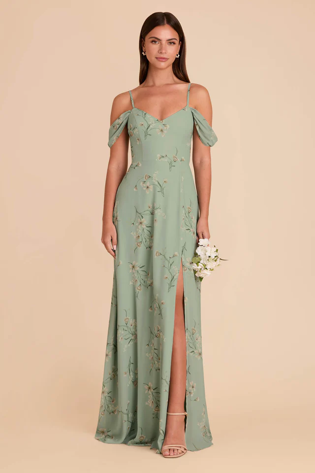 Devin Convertible Bridesmaid Dress in Sage Le Fleur floral chiffon with detachable sleeves, side slit, and adjustable straps. Rated 4.3 stars from 832 reviews.