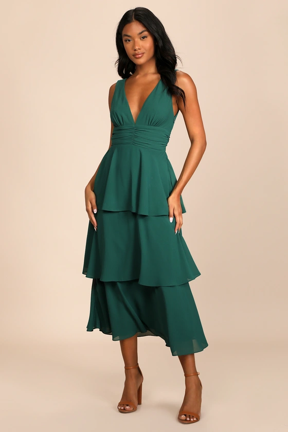 sleeveless midi length v-neck midi wedding guest dress in emerald green
