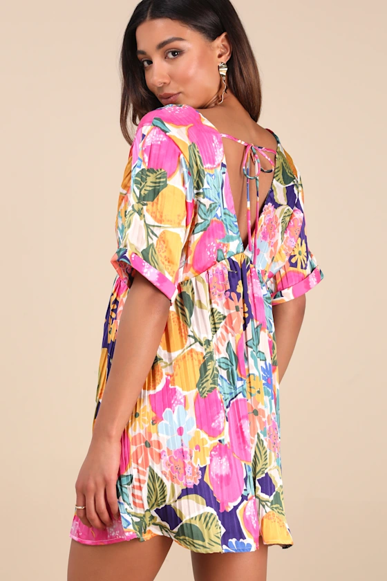 Floral Satin Babydoll Dress in Pink Multi for Spring Bridal Shower Guests from Lulus